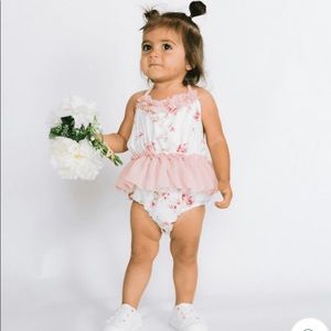 SERAPHINA RUFFLE HALTER BUBBLE ROMPER - PINK & TAN FLORAL 9-12 months